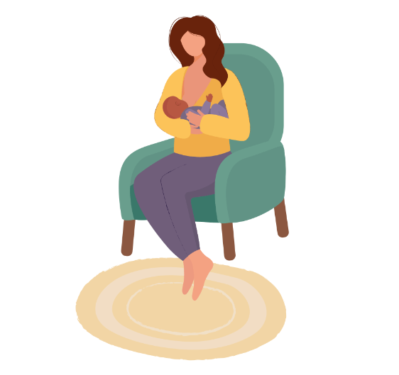 Una mujer dando de mamar a su bebe sentada en un sillón